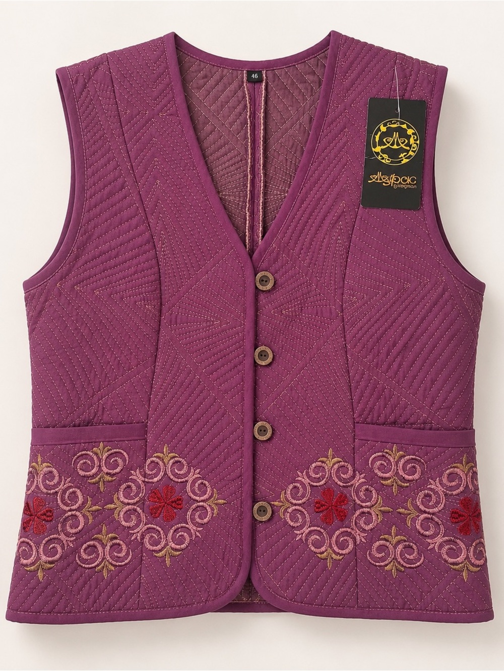 NWT Quilted Embroidered Floral Boho Vest Plum Purple Muras Design S